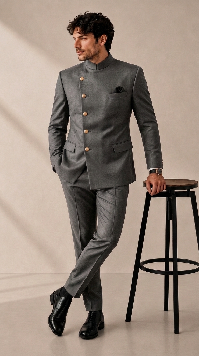 ash_color_202608291600 Plus Size Men's Solid Stand Collar Button Long Sleeve Suit Jacket