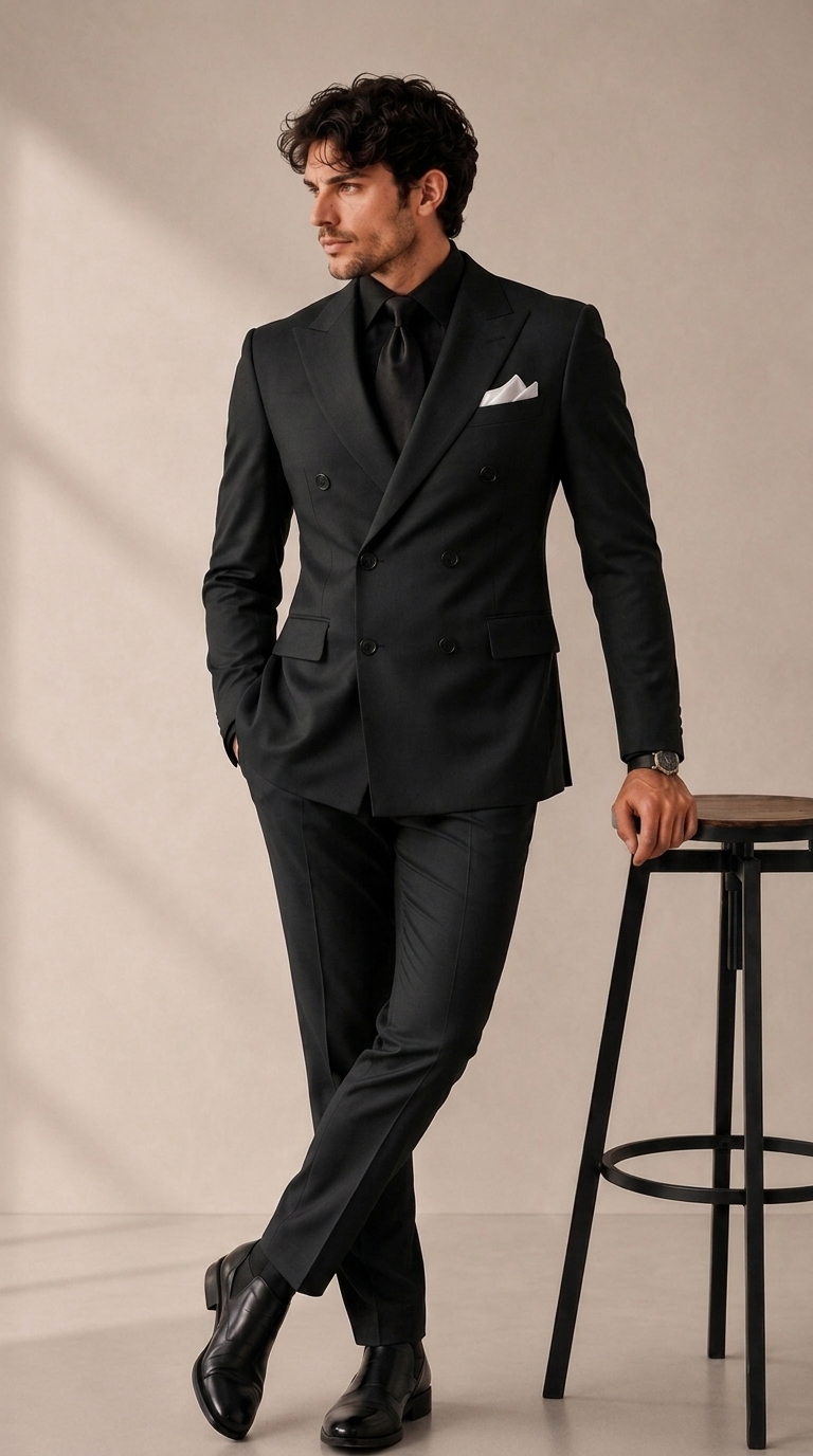 black_202608281403 Men’s Premium Double-Breasted Gabardine Suit – Elegant 2-Piece Formal Wear