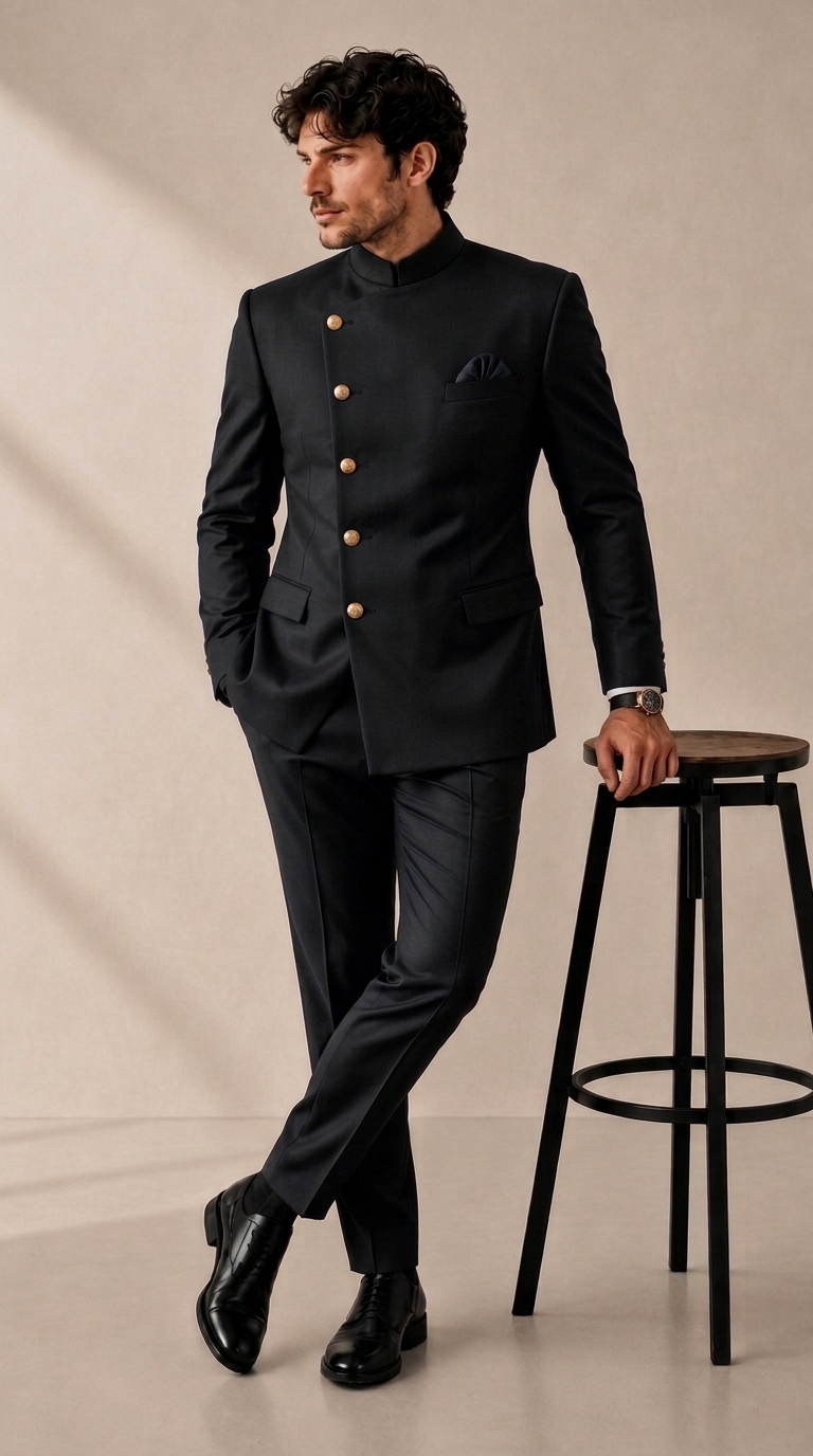 black_color_202608291554 Plus Size Men's Solid Stand Collar Button Long Sleeve Suit Jacket
