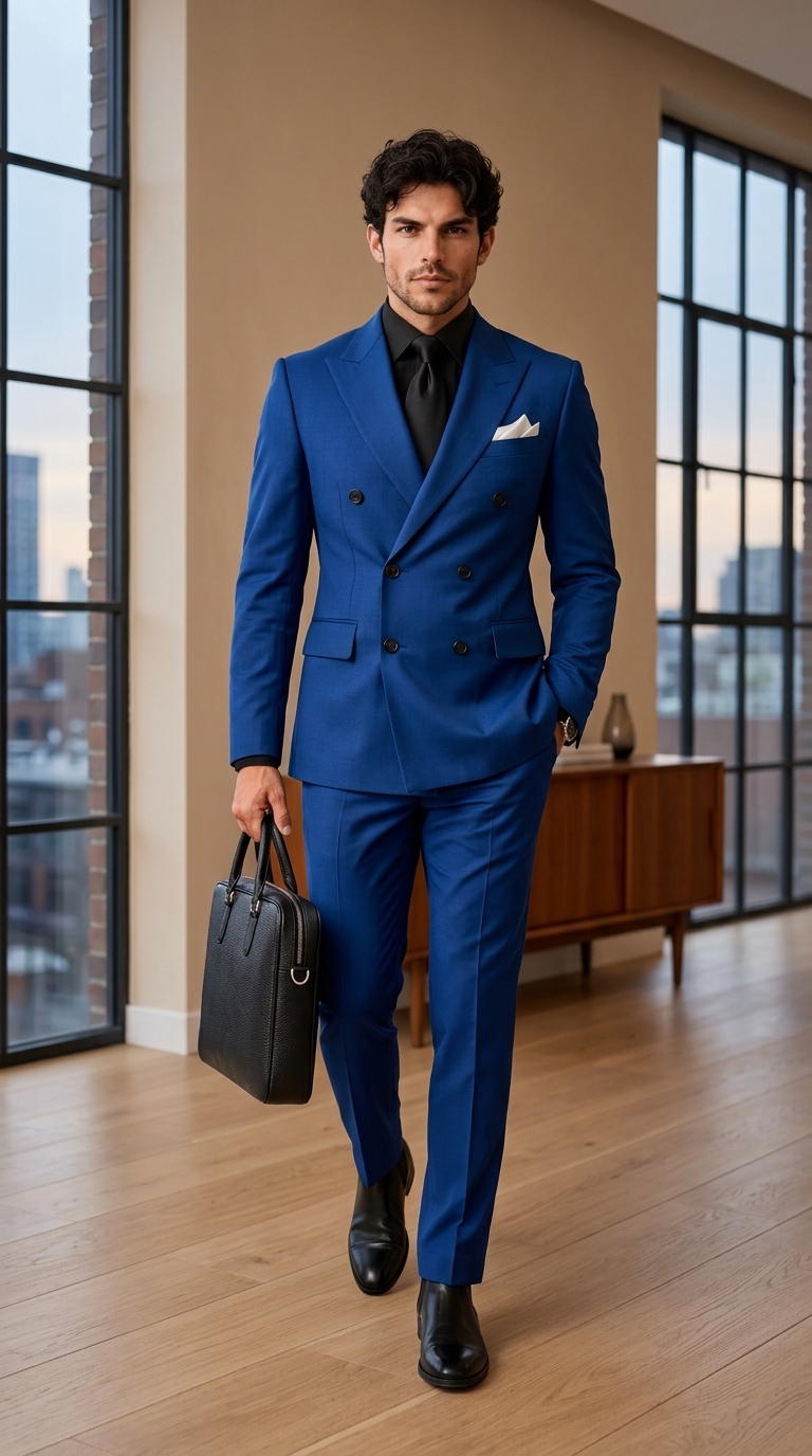 blue_202608281411 Men’s Premium Double-Breasted Gabardine Suit – Elegant 2-Piece Formal Wear