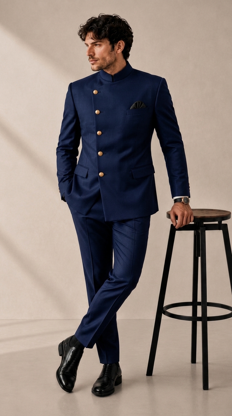 blue_202608291552 Plus Size Men's Solid Stand Collar Button Long Sleeve Suit Jacket