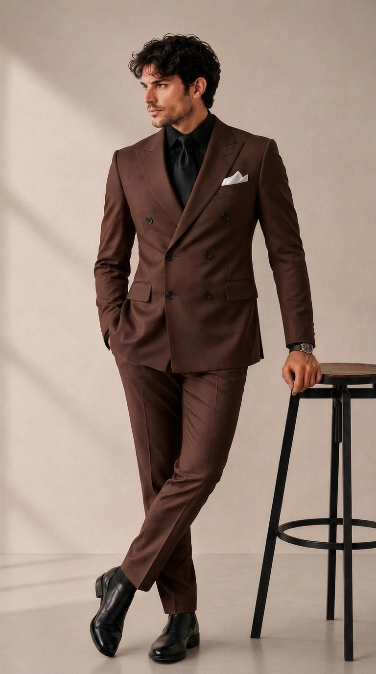 brown_202608281415 Men’s Premium Double-Breasted Gabardine Suit – Elegant 2-Piece Formal Wear
