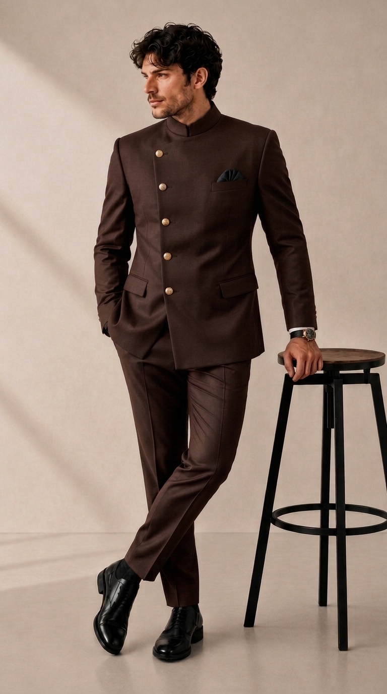 browncolor_202608291555 Plus Size Men's Solid Stand Collar Button Long Sleeve Suit Jacket