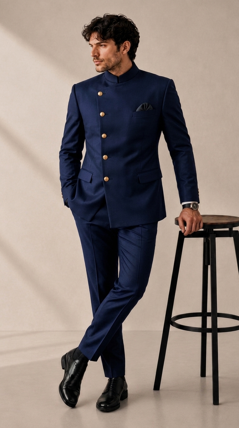 navy_blue_202608291552 Plus Size Men's Solid Stand Collar Button Long Sleeve Suit Jacket