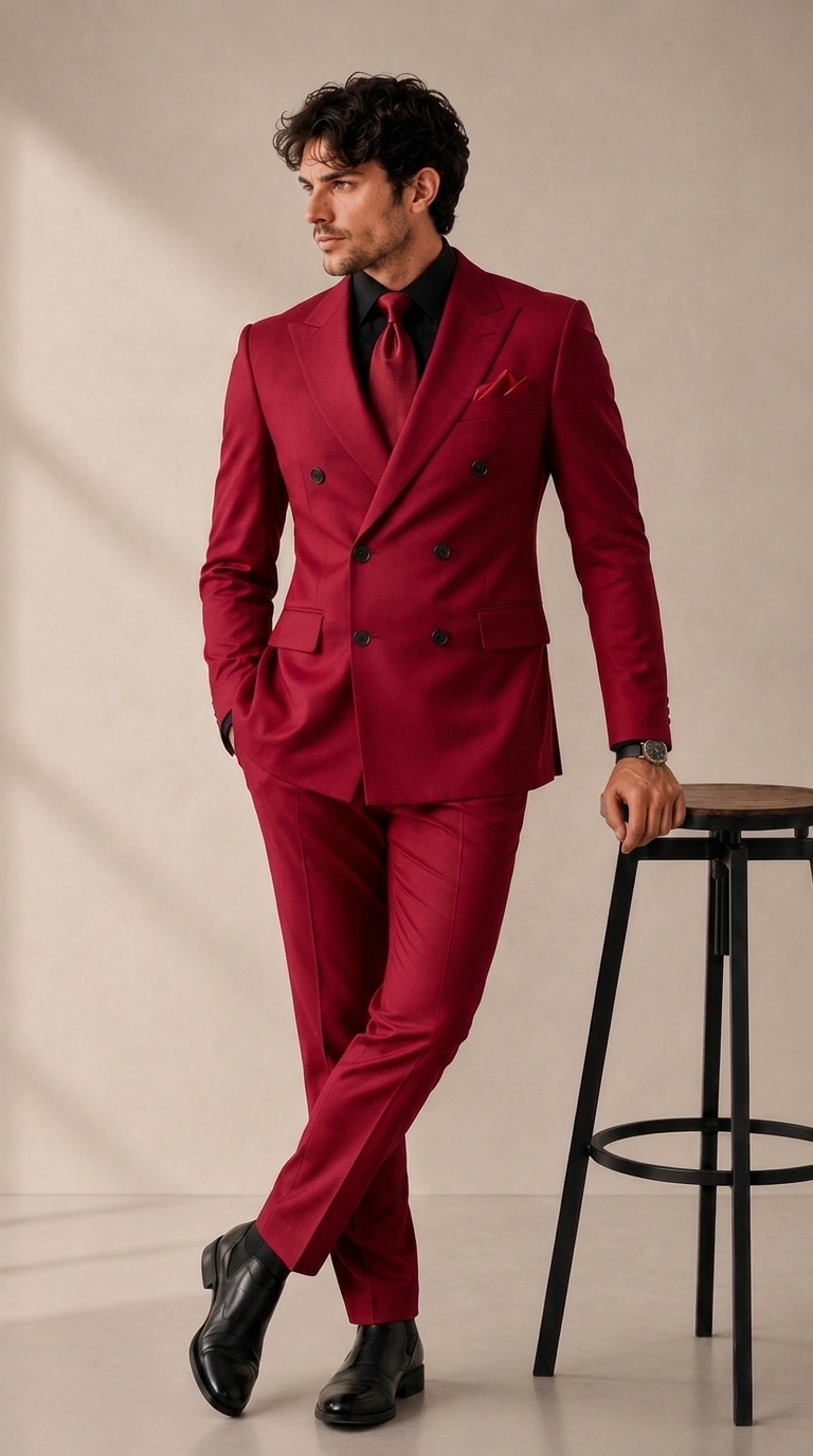 red_202608281415 Men’s Premium Double-Breasted Gabardine Suit – Elegant 2-Piece Formal Wear