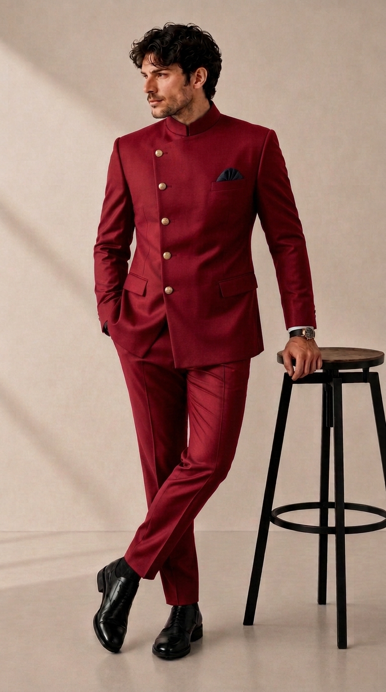 red_202608291555 Plus Size Men's Solid Stand Collar Button Long Sleeve Suit Jacket