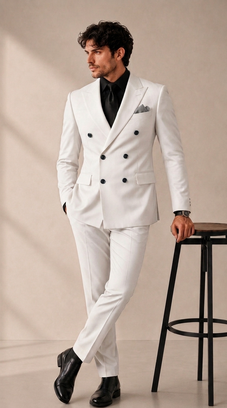 white_202608281406 Men’s Premium Double-Breasted Gabardine Suit – Elegant 2-Piece Formal Wear